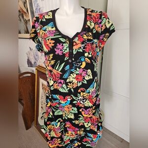 Nick & Nora Sleep Shirt Large Tropical Birds Print Black Colorful V-Neck Pajama